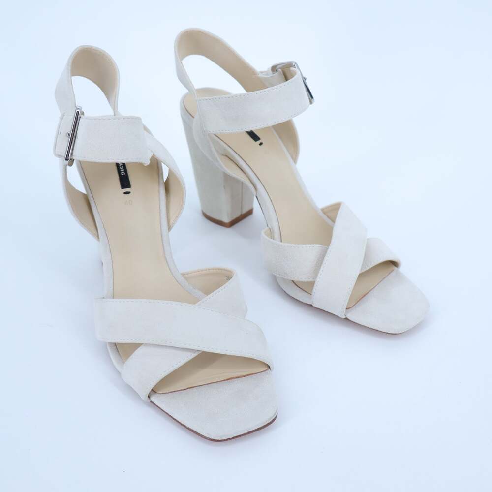 ZARA Suede Heeled Sandals Off White Ankle Strap Square Toe Women's 40/US 9